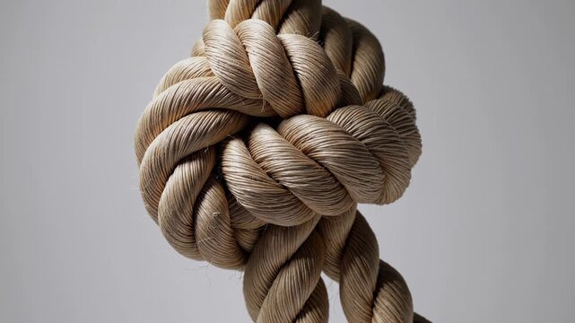 Nautical rope knot spinning, revealing intricate braiding and complex weaving pattern, highlighting maritime craftsmanship against pristine white surface
