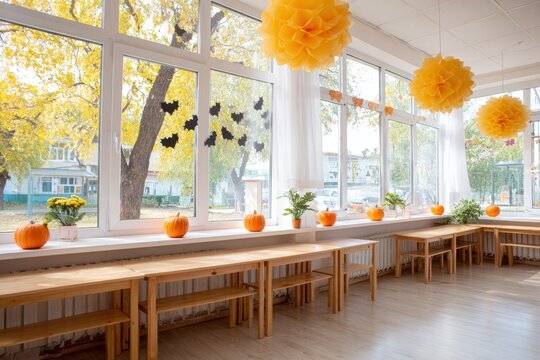 Bright and inviting interior space decorated for Halloween with orange pumpkins, yellow paper flowers, and autumn leaves creating a festive atmosphere with copy space - Powered by Adobe