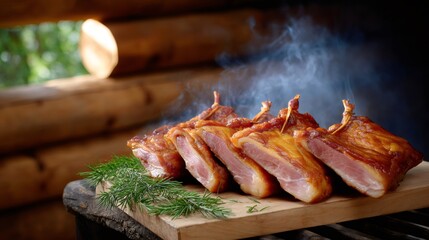 Smoking bacon with rosemary resting on wooden board in smokehouse
