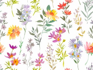 Watercolor Seamless Floral Pattern with Abstract Hand-painted wild flowers. Autumn Floral textile design for fabric and stationary. Botanical wallpaper.