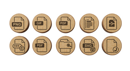 File formats icons on wooden circles for digital design projects