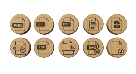 File formats icons on wooden circles for digital design projects