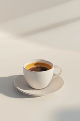 White cup of hot black coffee on plate with soft shadow minimal style on bright background morning drink concept