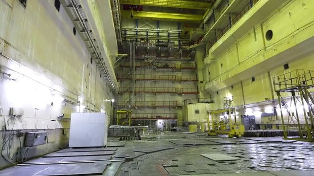 Unit 4 Reactor Hall After The 1986 Nuclear Disaster In The Chernobyl Nuclear Power Plant In Ukraine. Panning Wide Shot