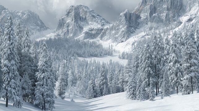 Majestic snow-covered mountain landscape with dense forest and frosty winter scenery in daylight