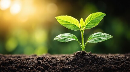 Young green plant sprouting from rich soil in early morning sunlight symbolizing growth and renewal