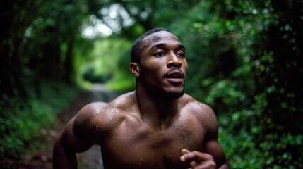 Portrait of a shirtless young man running through lush green forest du daytime with focused expression
