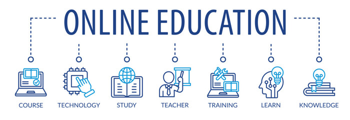 Online education vector illustration concept banner with icons and keywords