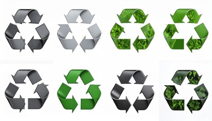 Eight recycling symbols arranged in two rows—varied in color and texture including gray, green, black, and leafy designs; stylized triangular arrow forms on gradient background, representing sustainab