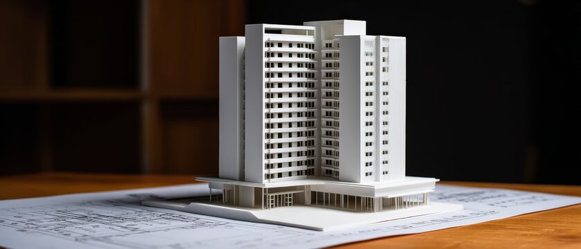 Modern high-rise building model with detailed architectural design on blueprints for urban development
