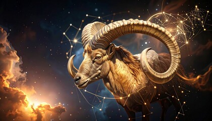 Stylized ram’s head with large curved horns centered in circular zodiac chart—glowing cosmic background with stars and nebulae; symbolic representation of Aries and celestial energy.