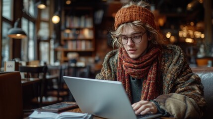 Man sitting at a table using a laptop computer