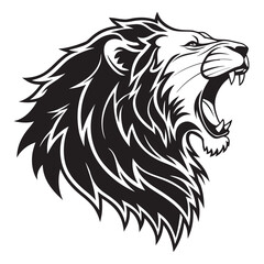 Roaring lion head with detailed mane, sharp teeth, and expressive face in black and white.