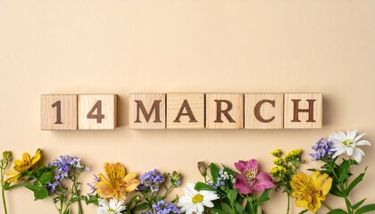 Wooden Blocks with Date 14 March. Floral Calendar – Vibrant Flowers on Solid Colored Background