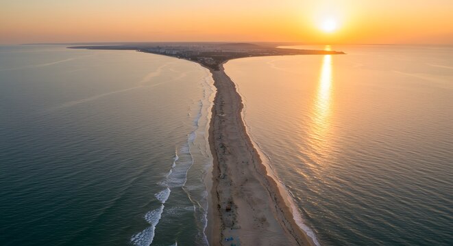 Aerial view of a sandbar extending into the ocean at sunset