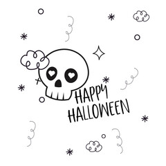 Minimalist Halloween vector with skull, linear doodles, zigzag elements and Happy Halloween 