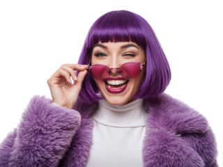 Glamorous woman with violet wig, sunglasses, and faux fur coat isolated with transparent backdrop
