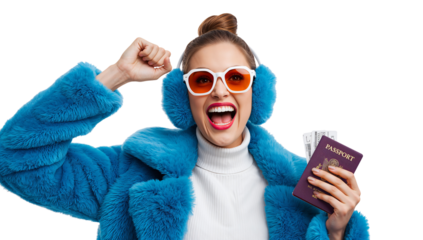 Excited young woman with passport and tickets celebrates vacation on transparent field