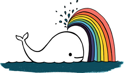 rainbow in the sea, A cartoon whale spouting a rainbow of water while swimming in the ocean on a white background