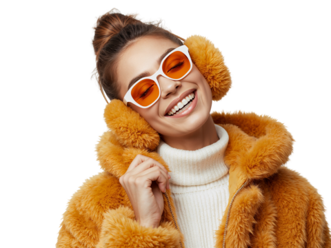 Radiant smile of a stylish woman with earmuffs and retro sunglasses against transparent expanse