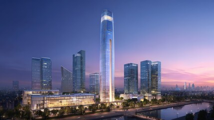 Naklejka premium Modern cityscape featu a tall glass skyscraper surrounded by multiple high-rise buildings at dusk