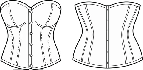 Corset flat sketch, front and back view, fashion technical drawing, sweetheart neckline, garment illustration, apparel design, sewing pattern, structured bodice