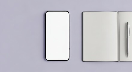 Phone with blank screen open notebook and pen on light purple background