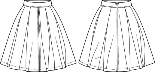 Pleated skirt technical sketch, front and back view, fashion illustration, garment construction, apparel design, pattern making, structured skirt drawing