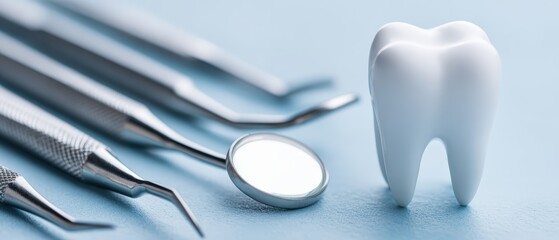 Fototapeta premium Close-up of dental tools including mirror probe and scaler alongside a healthy model tooth on a dental clinic blue background
