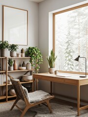 Mockup poster frame in cozy Scandinavian home office interior with wooden desk, potted plants, and snowy forest view