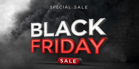 Bold Black Friday Special Sale Advertisement Against a Dark and Smoky Background, Featuring Bright White and Red Lettering
