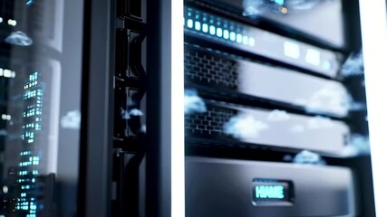 Modern server rack displaying data processing with digital interface and atmospheric elements - Powered by Adobe