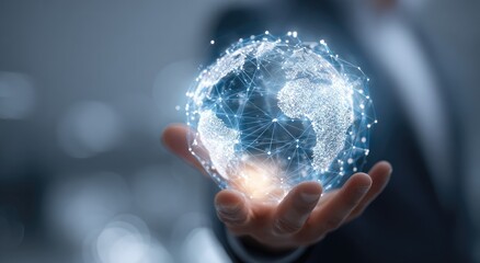 A hand holds a digital representation of the Earth, connected by a network of lines