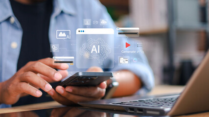 Close-up of person using smartphone with virtual AI interface overlay. Concept of artificial intelligence, automation, machine learning, chatbot, data analytics, and innovation.