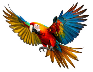 Obraz premium Vibrant Parrot in Mid-Flight with Open Wings, isolated on transparent background PNG