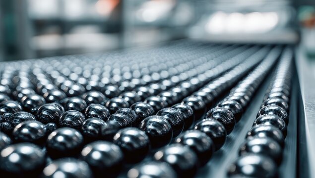 Gleaming metal spheres roll along a conveyor belt in an industrial setting, focus on center
