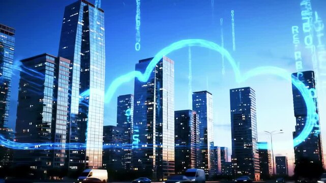 Futuristic city skyline at dusk with digital cloud technology and data streams enhancing urban life