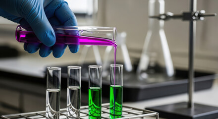 Scientist pouring purple liquid into test tubes in a laboratory