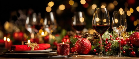 Elegant festive table setting with red ornaments wine glasses candles holiday decorations and warm lighting