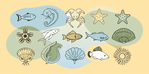 Fish and marine animals icons or minimalist line drawn illustration.
