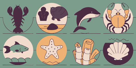 Fish and marine animals icons or minimalist line drawn illustration.
