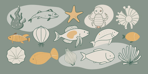 Fish and marine animals icons or minimalist line drawn illustration.
