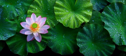 Top-Down View of Blooming Pink Lotus with Dew-Covered Green Leaves in Soft Morning Light
