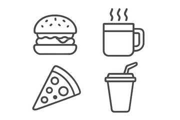 Fast food and drink outline icons set. Burger, pizza slice, coffee mug and soda cup symbols. Linear vector illustration for menu, restaurant, cafe or delivery service.