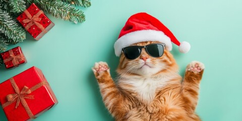 Merry Christmas concept holiday vacation winter animal pet greeting card - Cool lying santa claus cat with sunglasses santa hat, christmas tree branches and gift boxes, isolated on green background