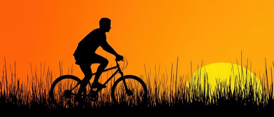 Obraz premium Silhouette of a person riding a mountain bike du sunset with vibrant orange sky and tall grass