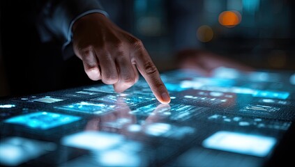 A hand points to a glowing digital interface, hinting at data analysis and futuristic tech