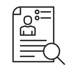 CV document line art icon with magnifying glass for business recruitment and employee profile analysis.