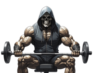  Skull in Hoodie with Muscular Body Sitting on Bench Press, isolated on transparent background PNG