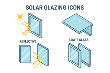 Solar glazing icons set. Isometric vector illustration of energy efficient glass types. Shows sun heat reflection, low-e, and double glazing for thermal insulation and UV protection.